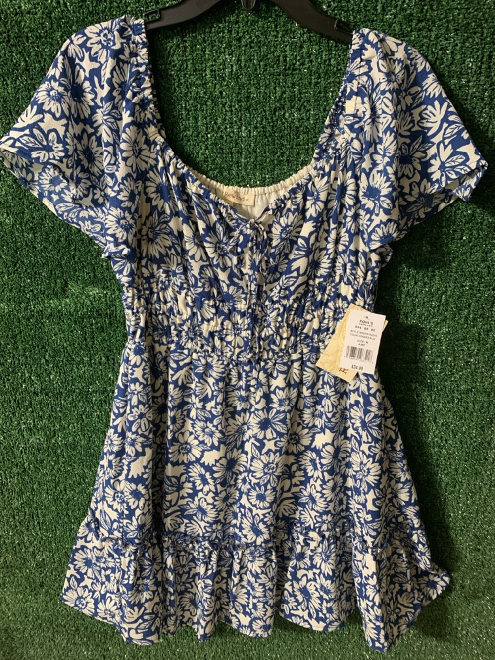 Rewind Blue and White Floral Smocked Peplum Tunic